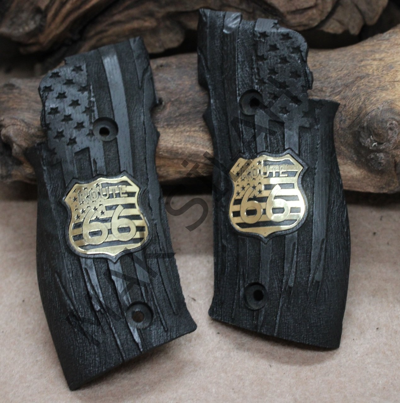Sig Sauer X5 X6 Sarı Metal Route 66 Yıldız Motif Ceviz Ahşap Silah Kabze