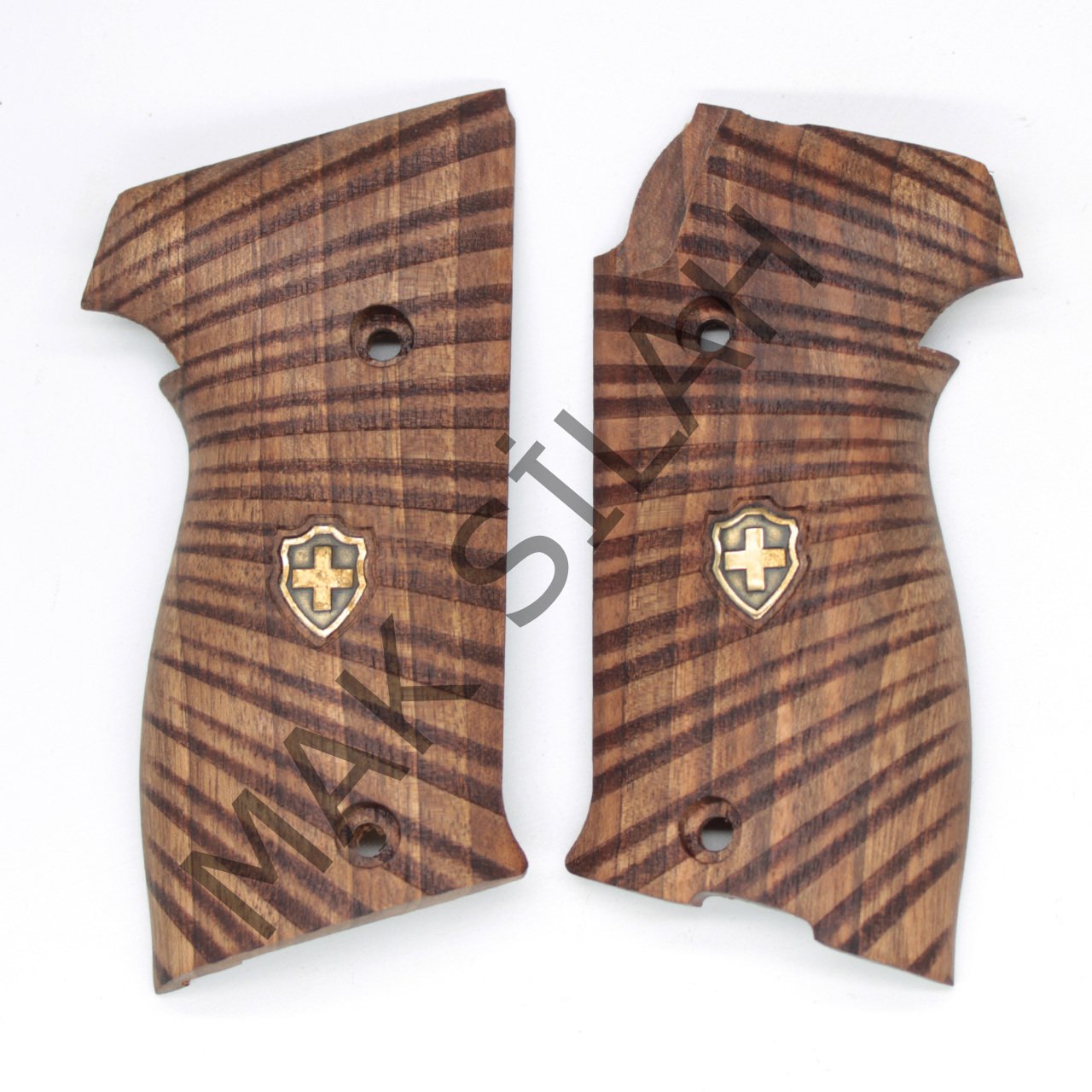 Sig P 210 Atış Sarı Metal Kalkan Haç Mineli Çizgi Motif Ceviz Ahşap Silah Kabze