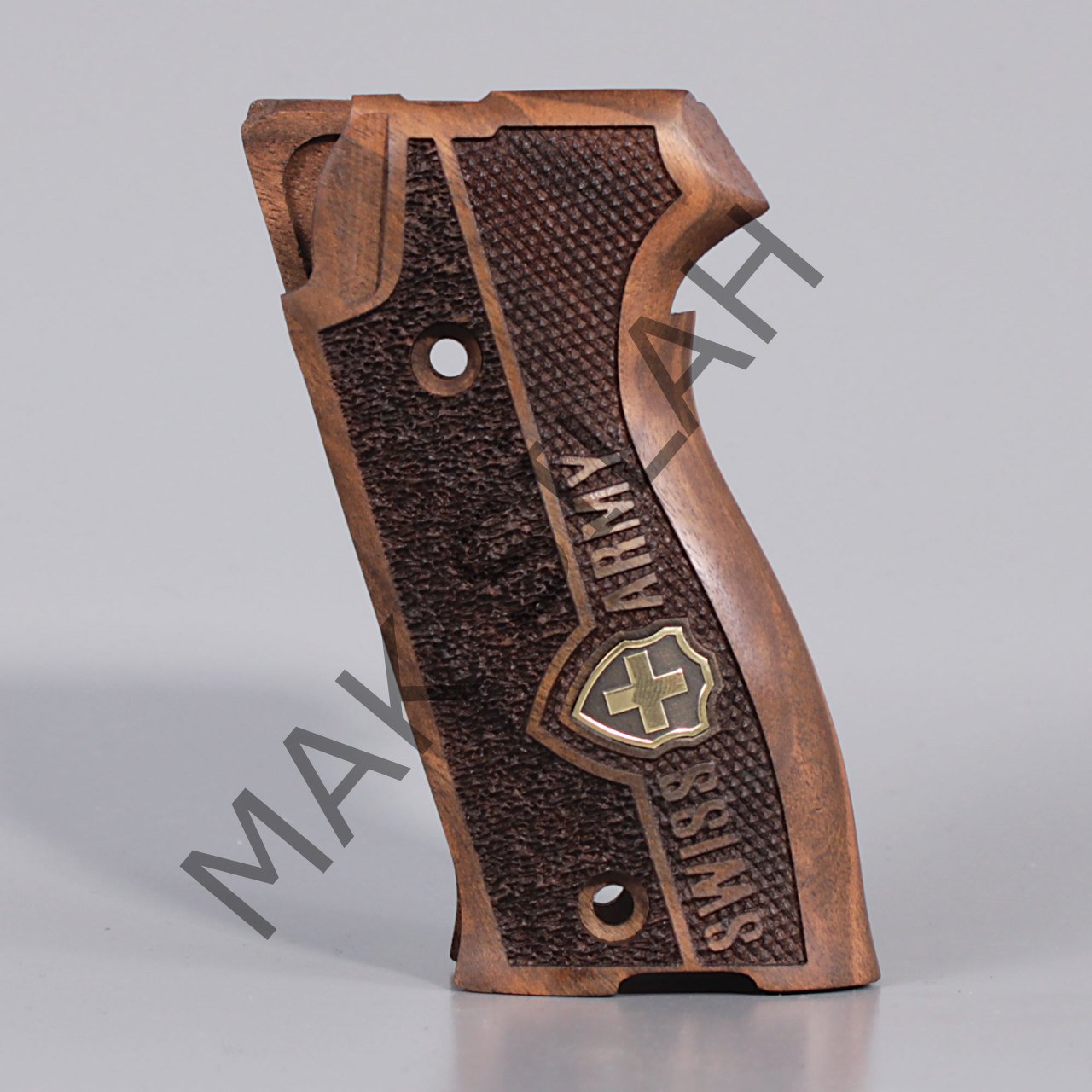 Sig P 210 Ortapedik Halkalı Sarı Metal Kalkan Haç Çift Motif Ceviz Ahşap Silah Kabze