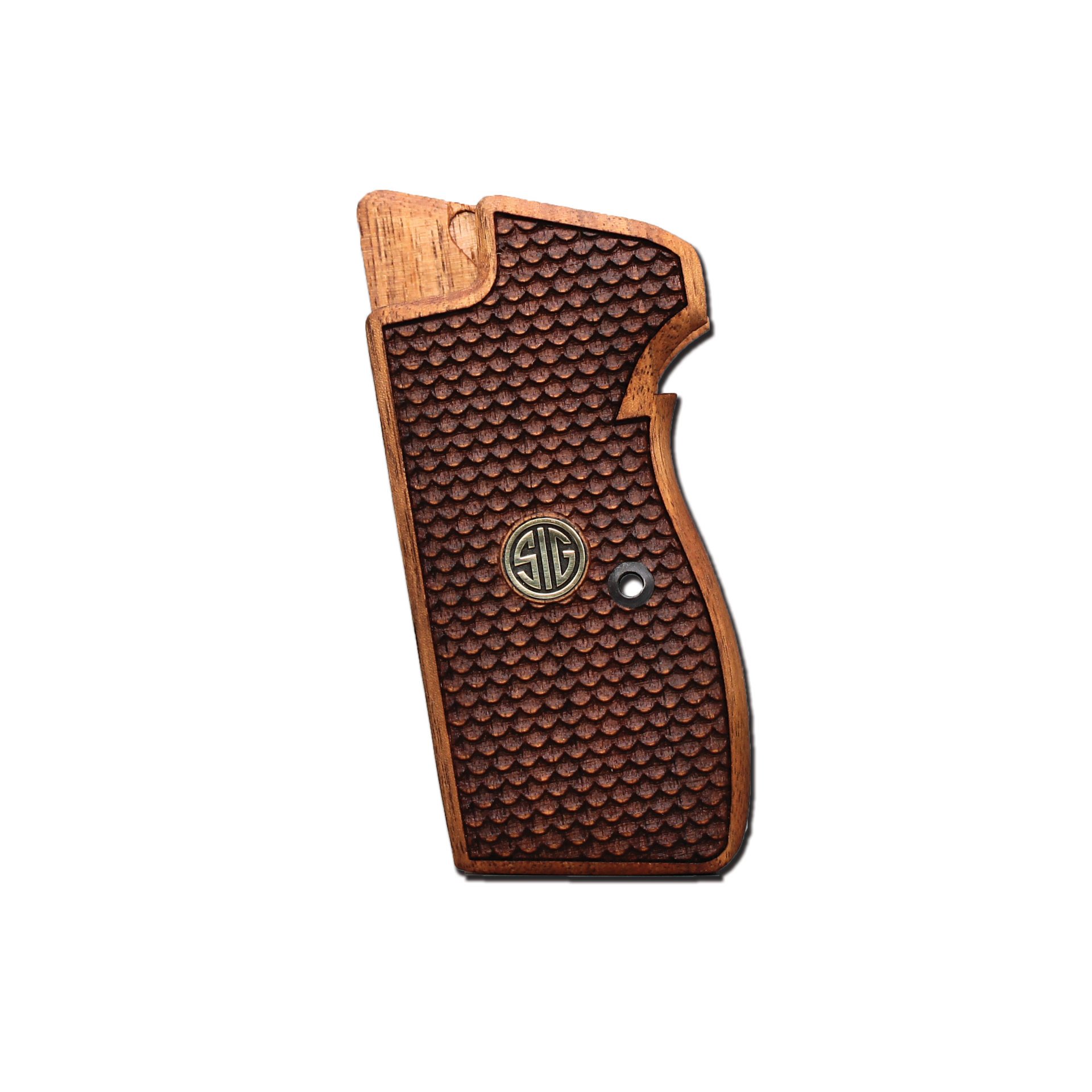 Sig P 210 Ortapedik Sarı Metal Arma Sig Balık Pulu Motif Ceviz Ahşap Silah Kabze