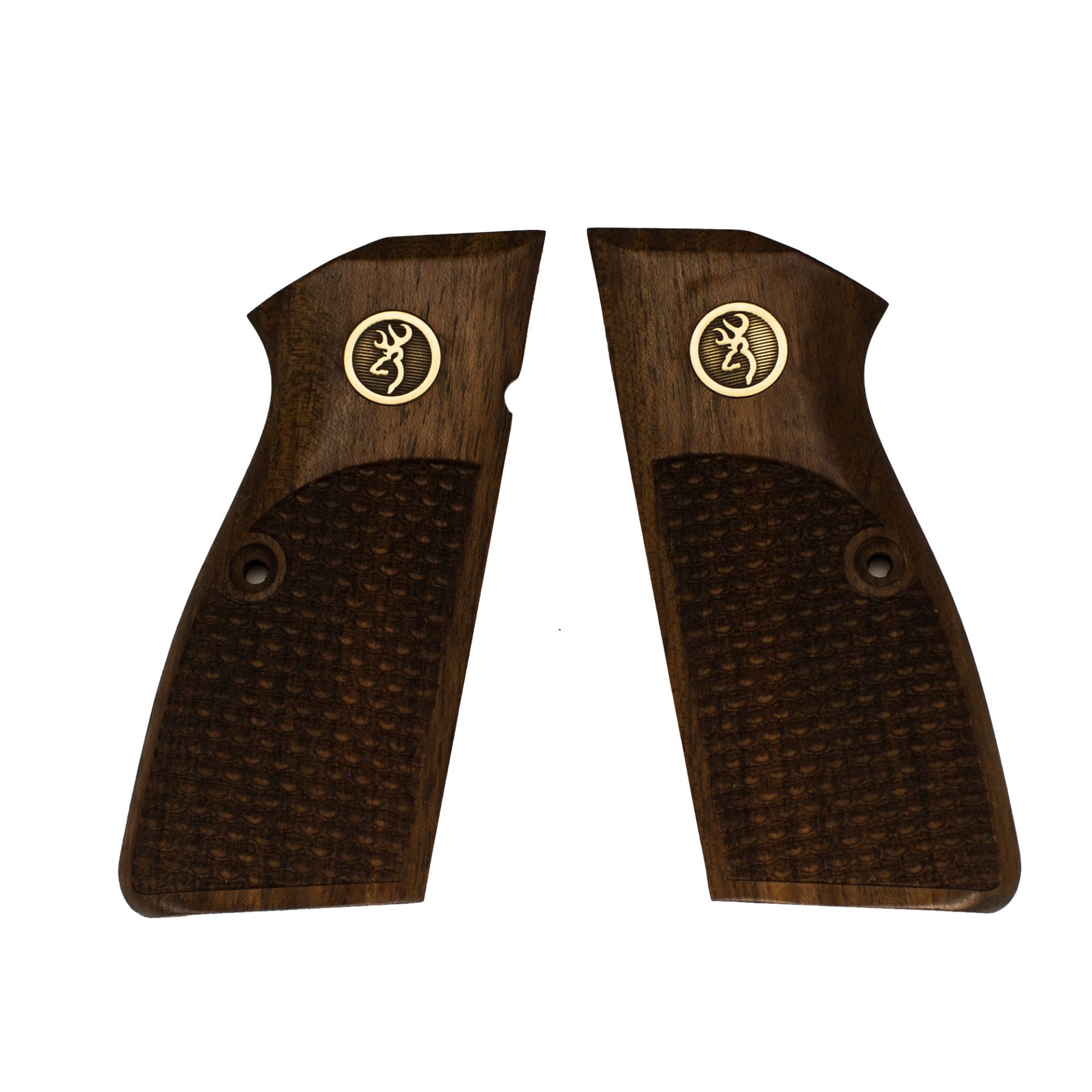 Browning Hp Kulaklı Sarı Metal Arma Geyik Balık Pulu Ceviz Ahşap Silah Kabze
