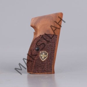 Sig P 210 Ortapedik Halkalı Sarı Metal Kalkan Haç Baklava Motif Ceviz Ahşap Silah Kabze