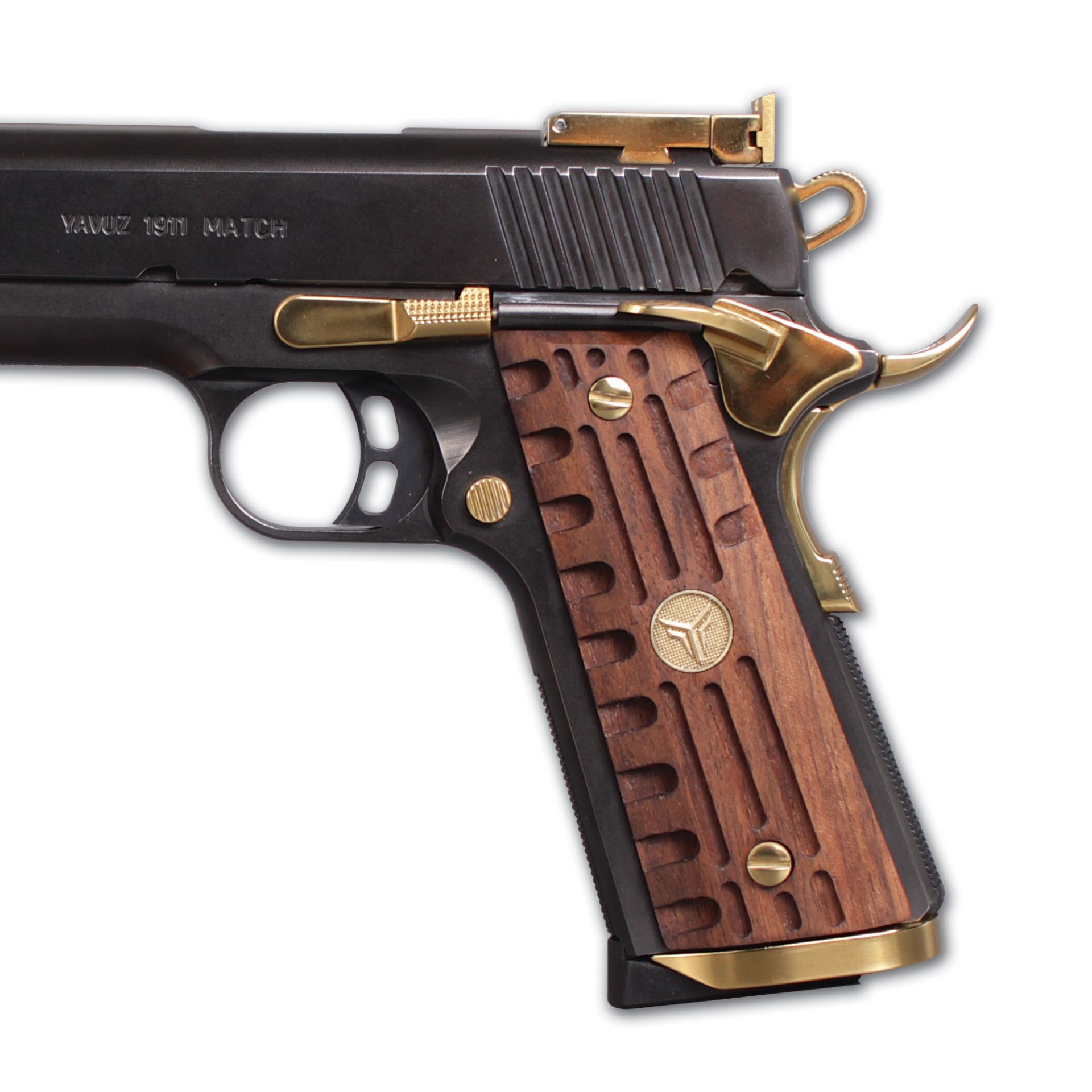 Yavuz 1911 Sarı Metal Kurt Çizgi Motif Ceviz Ahşap Silah Kabze