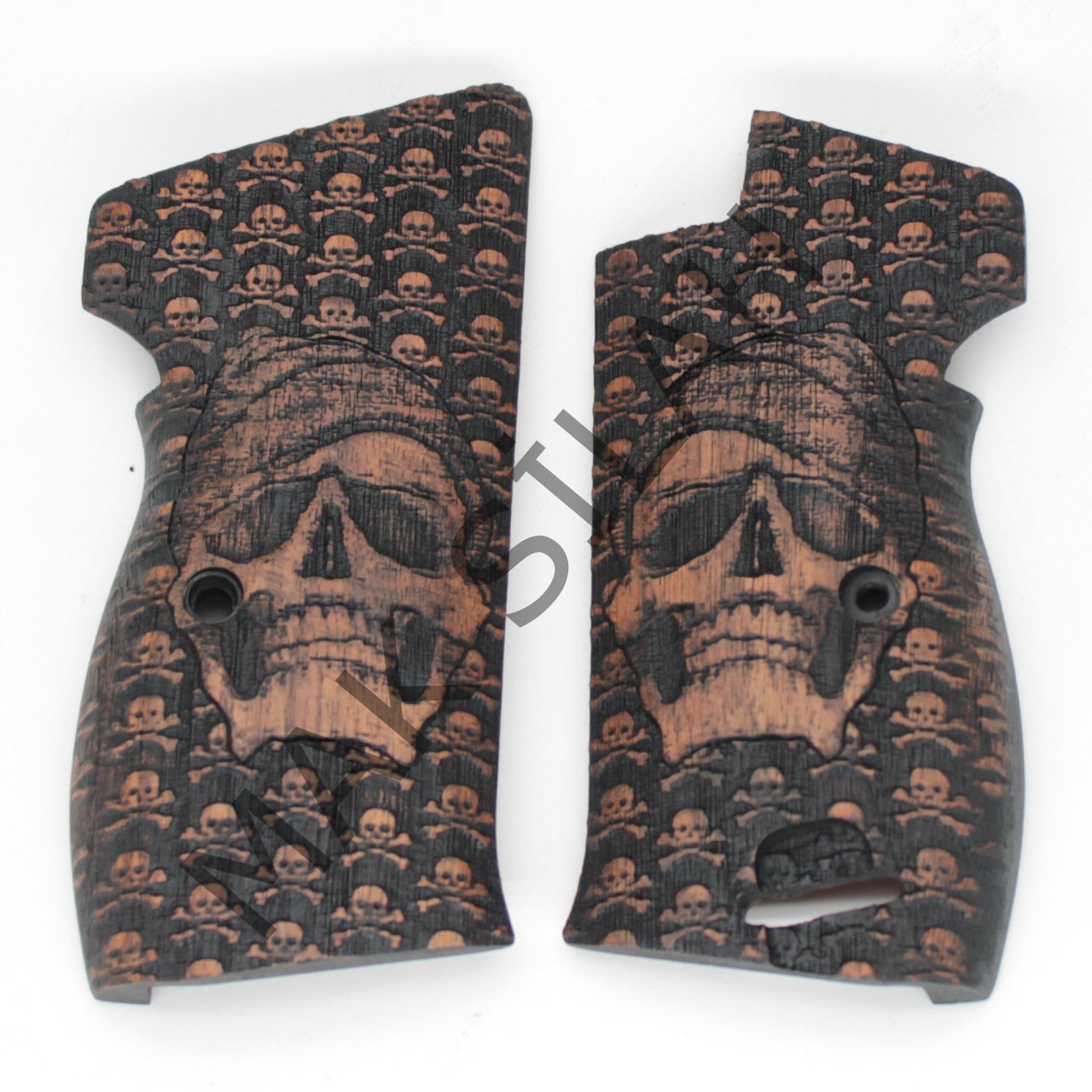 Sig P 210 Ortapedik Halkalı Kuru Kafa Motif Ceviz Ahşap Silah Kabze
