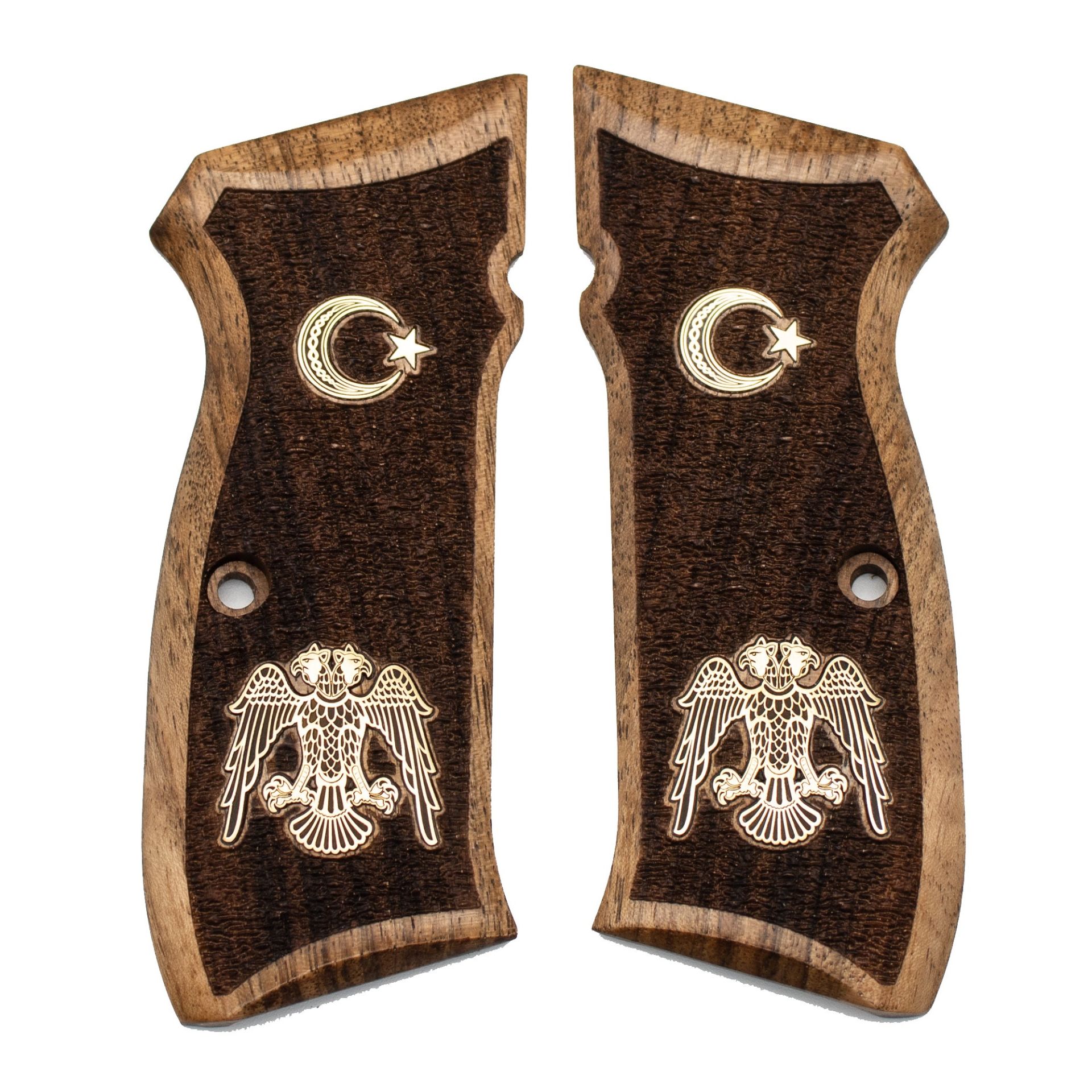 Cz 75 B Sarı Metal Çift Başlı Kartal Ay Yıldız Tarama Motif Ceviz Ahşap Silah Kabze